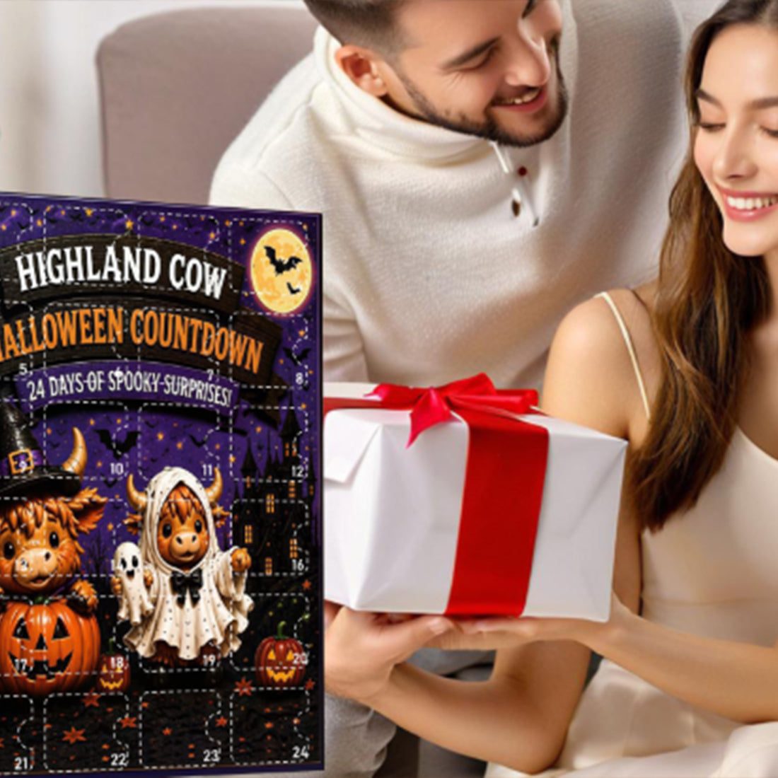 Halloween Long-Haired Cow 24-Day Countdown Surprise Box Mini Figure Set, Holiday Advent Calendar Mystery Bag Collection for Party Favors and Desktop Display - cubertime