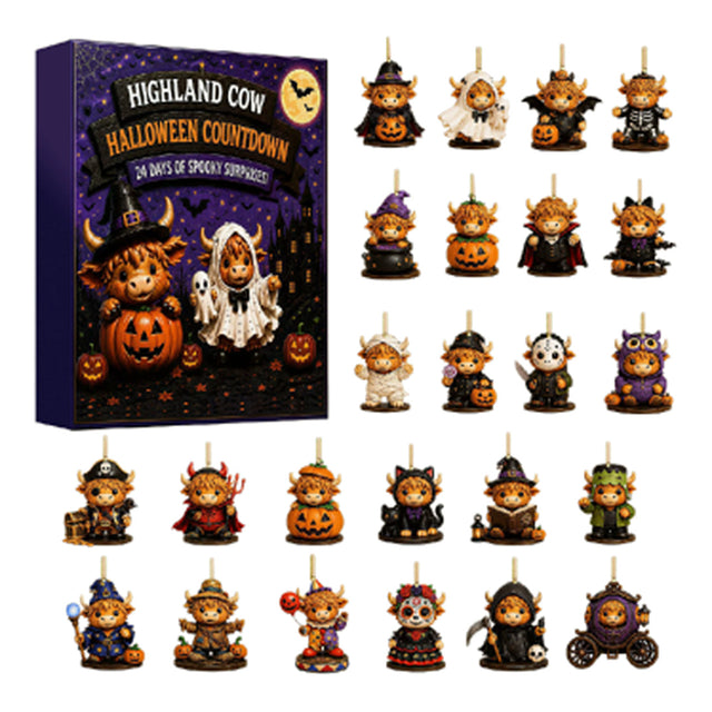 Halloween Long-Haired Cow 24-Day Countdown Surprise Box Mini Figure Set, Holiday Advent Calendar Mystery Bag Collection for Party Favors and Desktop Display - cubertime