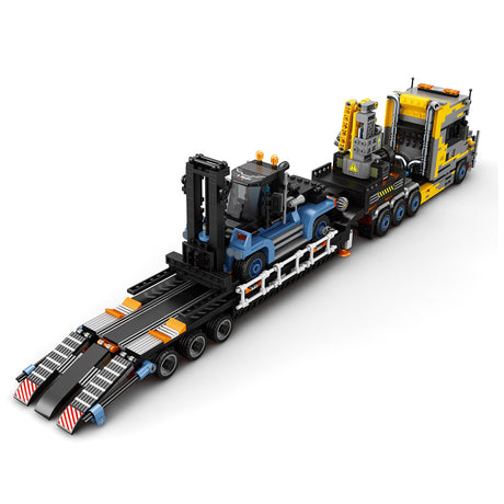 Heavy-Duty Engineering Transport Truck Building Block Set, Tractor with Knuckle Boom Crane, Lowboy Trailer and Forklift, Modular Construction Display Kit (1404PCS) - cubertime