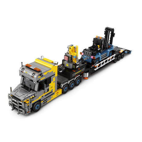 Heavy-Duty Engineering Transport Truck Building Block Set, Tractor with Knuckle Boom Crane, Lowboy Trailer and Forklift, Modular Construction Display Kit (1404PCS) - cubertime