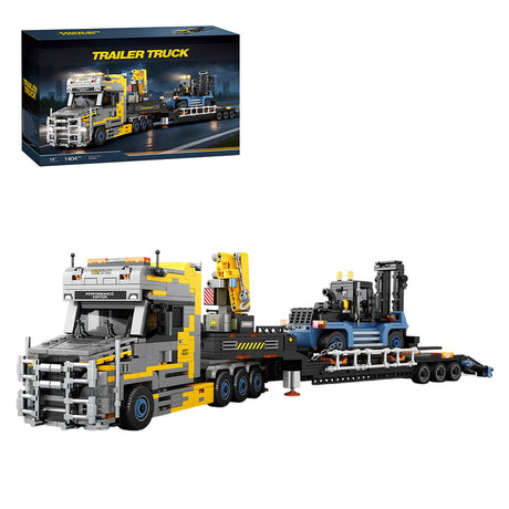 Heavy-Duty Engineering Transport Truck Building Block Set, Tractor with Knuckle Boom Crane, Lowboy Trailer and Forklift, Modular Construction Display Kit (1404PCS) - cubertime