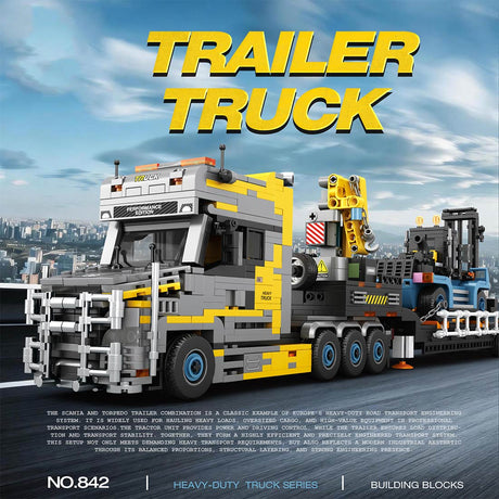 Heavy-Duty Engineering Transport Truck Building Block Set, Tractor with Knuckle Boom Crane, Lowboy Trailer and Forklift, Modular Construction Display Kit (1404PCS) - cubertime