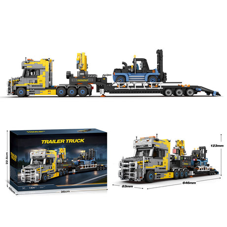 Heavy-Duty Engineering Transport Truck Building Block Set, Tractor with Knuckle Boom Crane, Lowboy Trailer and Forklift, Modular Construction Display Kit (1404PCS) - cubertime