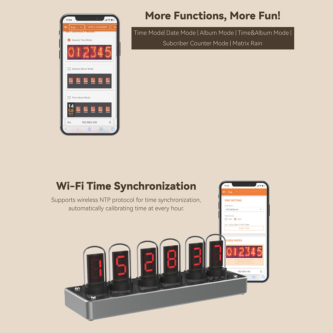 IPS Color Screen Digital Clock, Nixie Tube Style Desk Ambient Light with Wireless Time Sync, Alarm Clock, Weather Display, APP Control and Aluminum Alloy Base (US Plug/EU Plug) - CUBERTIME