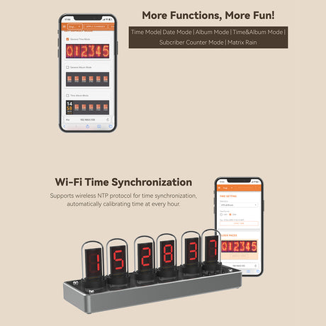 IPS Color Screen Digital Clock, Nixie Tube Style Desk Ambient Light with Wireless Time Sync, Alarm Clock, Weather Display, APP Control and Aluminum Alloy Base (US Plug/EU Plug) - CUBERTIME