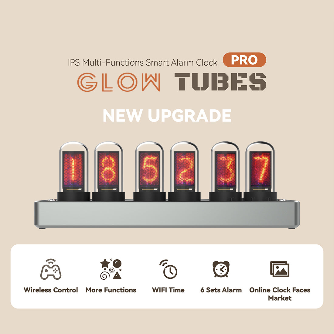 IPS Color Screen Digital Clock, Nixie Tube Style Desk Ambient Light with Wireless Time Sync, Alarm Clock, Weather Display, APP Control and Aluminum Alloy Base (US Plug/EU Plug) - CUBERTIME