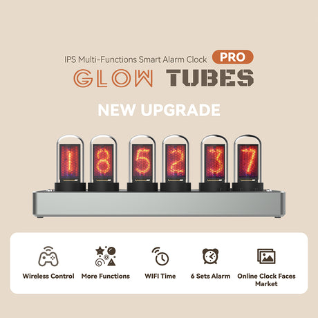 IPS Color Screen Digital Clock, Nixie Tube Style Desk Ambient Light with Wireless Time Sync, Alarm Clock, Weather Display, APP Control and Aluminum Alloy Base (US Plug/EU Plug) - CUBERTIME