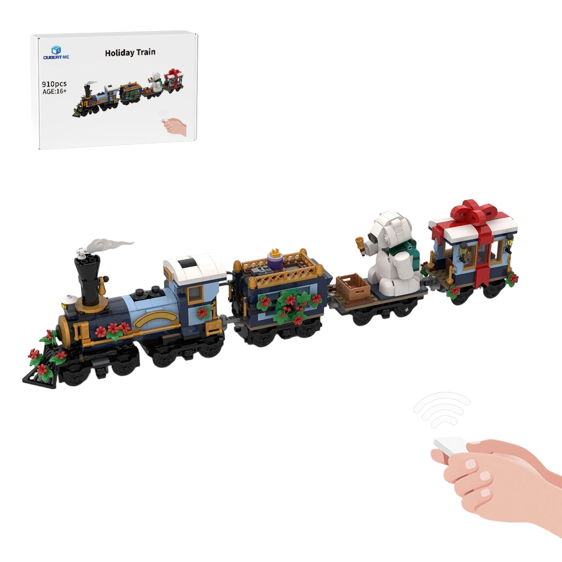 MOC-249783 Holiday Train Building Block Set, Seasonal Sightseeing Railway Car Model Kit, Christmas Festive Passenger Train Display Model (910PCS/Dynamic Version) - cubertime