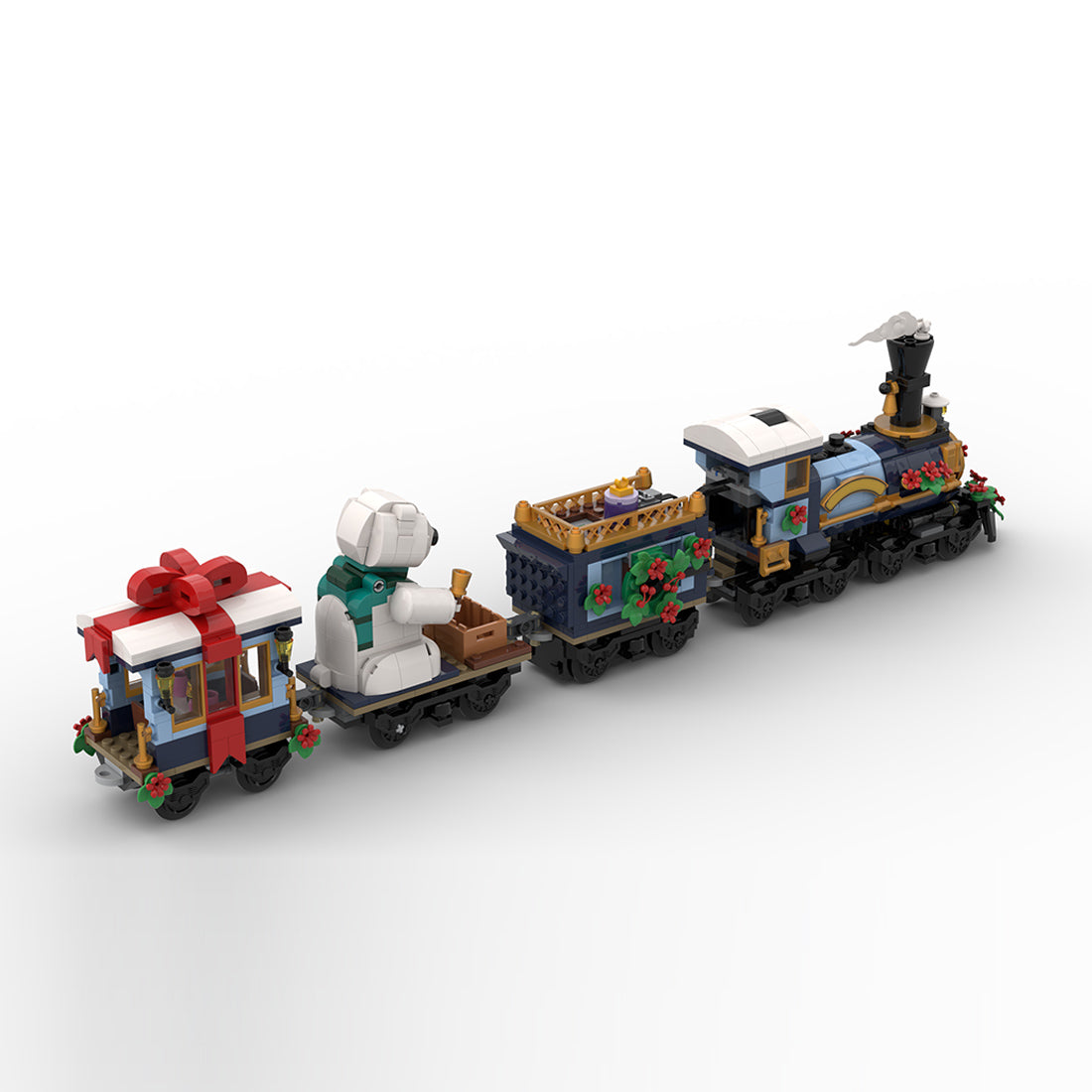 MOC-249783 Holiday Train Building Block Set, Seasonal Sightseeing Railway Car Model Kit, Christmas Festive Passenger Train Display Model (910PCS/Dynamic Version) - cubertime