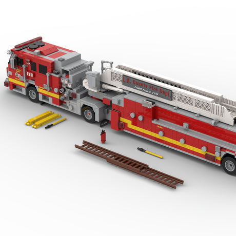 MOC-256302 Aerial Ladder Fire Truck Building Blocks Set, City Emergency Vehicle Model Kit with Extendable Ladder and Realistic Firefighting Details(1752PCS) - cubertime