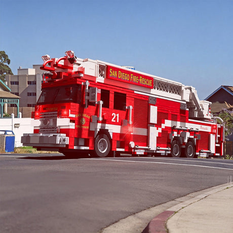 MOC-267135 2016-2017 City Ladder Fire Truck Building Blocks, Urban Fire Vehicle Model with Extra-Long Extendable Aerial Ladder, Detailed Equipment Compartments and Firefighting Accessories, Collectible Display Set（1741PCS) - cubertime
