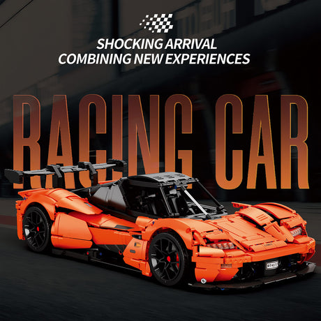 Orange racing car model with text about a shocking arrival and new experiences on a dark background