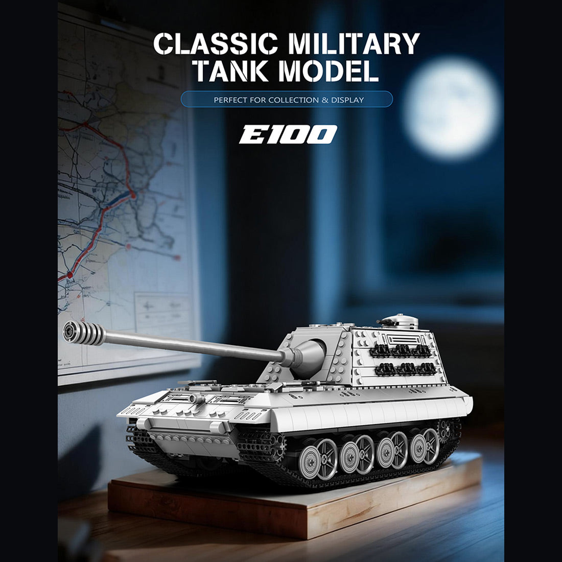 Model of a classic military tank on a wooden platform with a map in the background