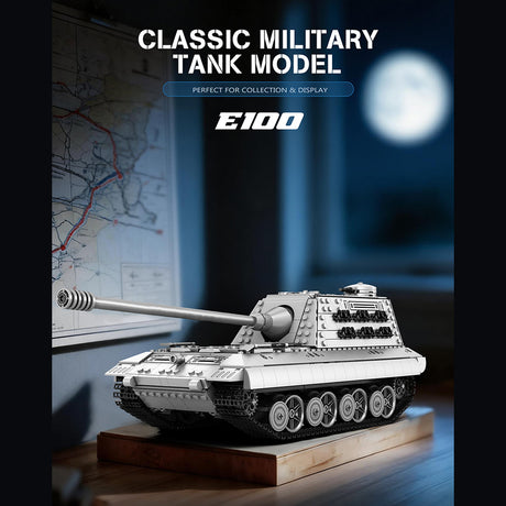 Model of a classic military tank on a wooden platform with a map in the background