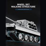 Model tank with detailed wheel set and walking structure on a dark background