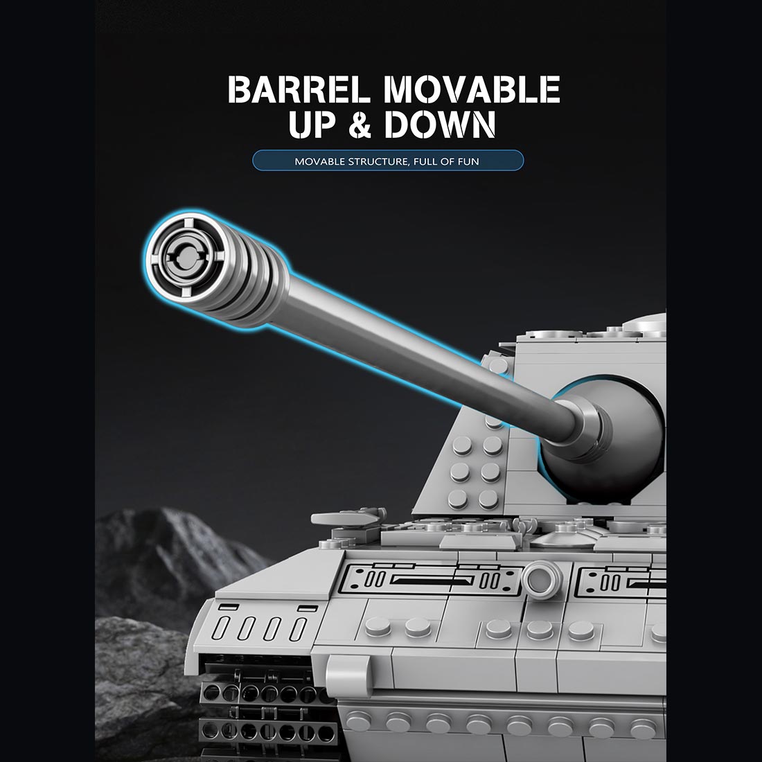 Toy tank model with movable barrel on a dark background