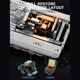 Detailed view of a MOC BRICK model with labeled components on a dark background