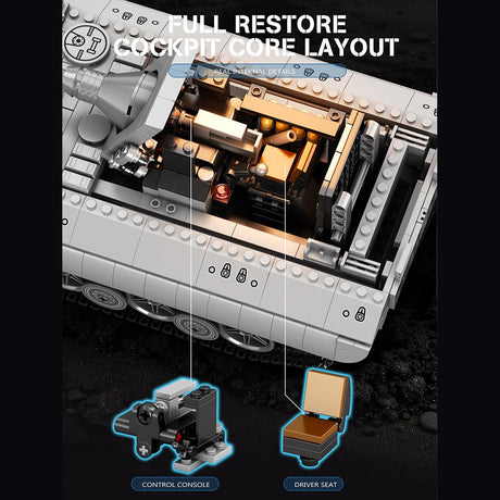 Detailed view of a MOC BRICK model with labeled components on a dark background