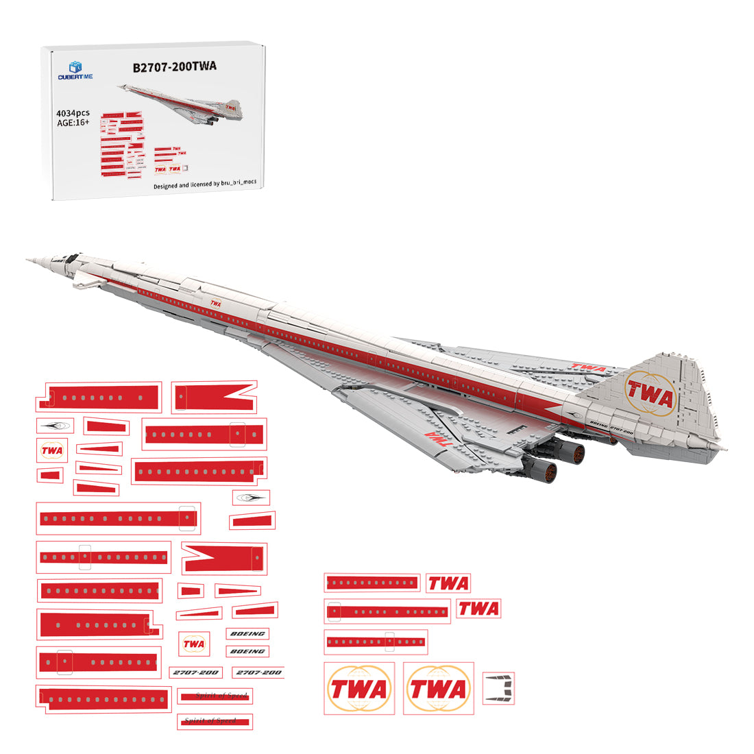 MOC 1/80 Scale B2707-200TWA American Supersonic Passenger Aircraft Building Block Set(4034PCS) - cubertime