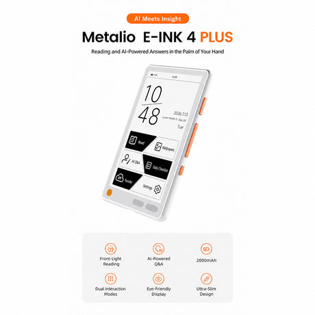 Metalio E-INK4 Plus AI E-Reader, 4.7-Inch 297 PPI E-Ink Touchscreen with Front Light, 2000 mAh Battery, Voice AI, Translation, AI Drawing, Open-Source Firmware, Wi-Fi, 16GB TF Card Included - cubertime