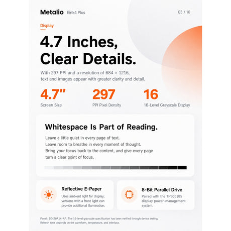 Metalio E-INK4 Plus AI E-Reader, 4.7-Inch 297 PPI E-Ink Touchscreen with Front Light, 2000 mAh Battery, Voice AI, Translation, AI Drawing, Open-Source Firmware, Wi-Fi, 16GB TF Card Included - cubertime
