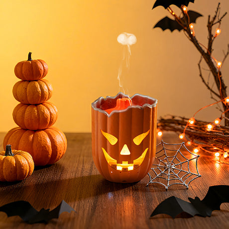 Pumpkin Aroma Diffuser, Halloween Pumpkin Humidifier with Colorful LED Lights, Ultrasonic Cool Mist Essential Oil Diffuser with Jellyfish Mist and Flame Effects, 300mL Water Tank for Bedroom Home Decor - cubertime