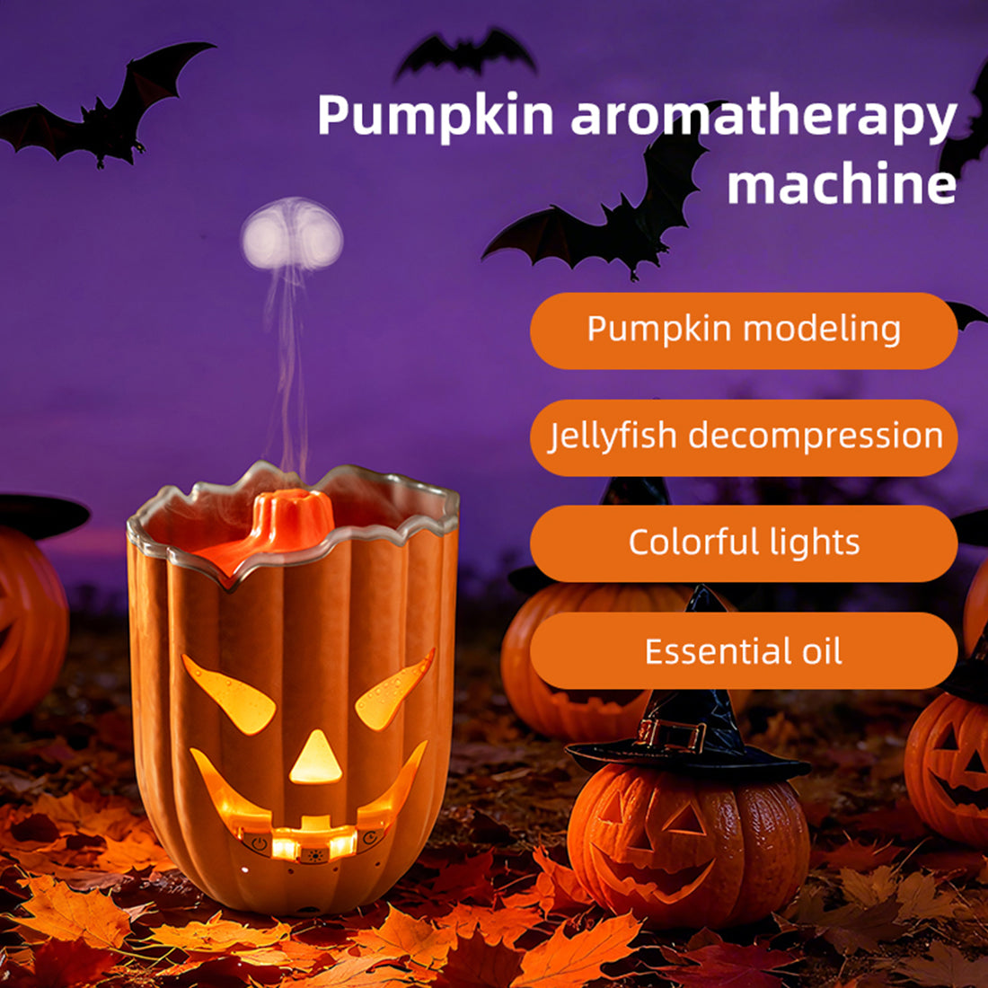 Pumpkin Aroma Diffuser, Halloween Pumpkin Humidifier with Colorful LED Lights, Ultrasonic Cool Mist Essential Oil Diffuser with Jellyfish Mist and Flame Effects, 300mL Water Tank for Bedroom Home Decor - cubertime