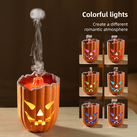 Pumpkin Aroma Diffuser, Halloween Pumpkin Humidifier with Colorful LED Lights, Ultrasonic Cool Mist Essential Oil Diffuser with Jellyfish Mist and Flame Effects, 300mL Water Tank for Bedroom Home Decor - cubertime