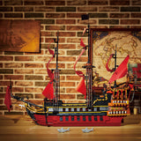 Queen Anne's Revenge Pirate Ship Building Block Set, Medieval Sailing Warship Model with Red Sails (3694+ PCS) - cubertime