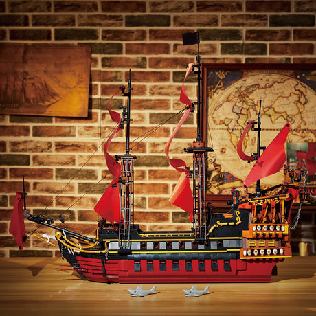 Queen Anne's Revenge Pirate Ship Building Block Set, Medieval Sailing Warship Model with Red Sails (3694+ PCS) - cubertime