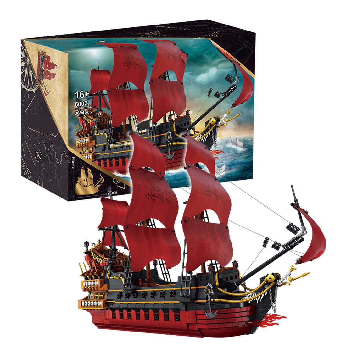 Queen Anne's Revenge Pirate Ship Building Block Set, Medieval Sailing Warship Model with Red Sails (3694+ PCS) - cubertime
