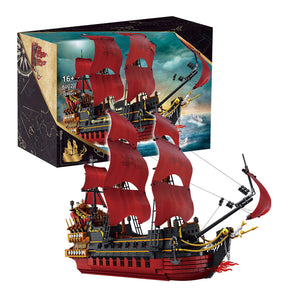 Queen Anne's Revenge Pirate Ship Building Block Set, Medieval Sailing Warship Model with Red Sails (3694+ PCS) - cubertime
