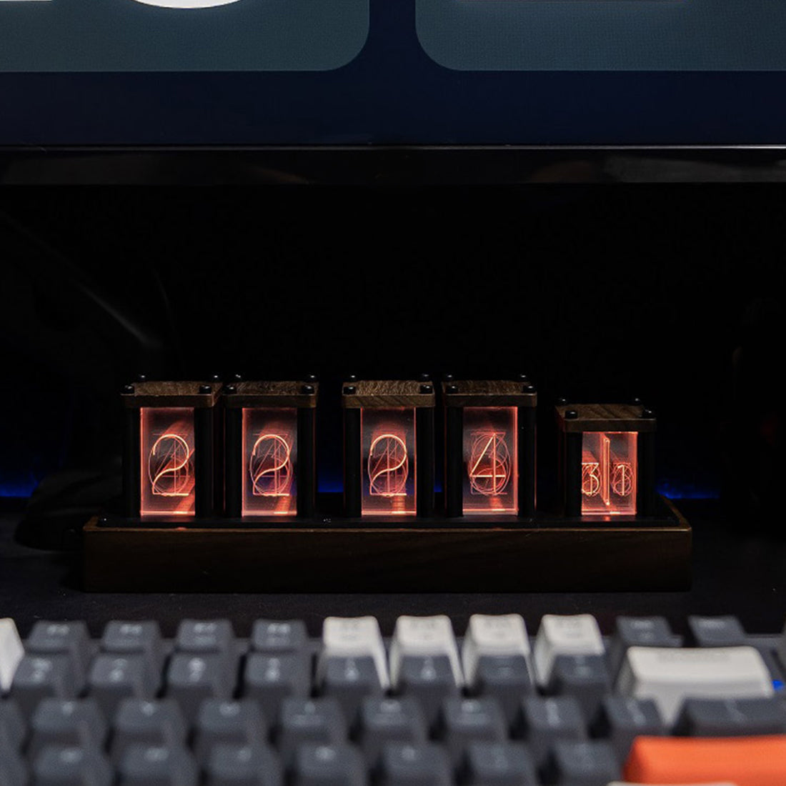 RGB Nixie Tube Style Clock with Wood Case, Full Color LED Desk Clock, Retro Digital Time Display, Gaming Setup Ambient Light, Esports Desktop Decor (US Plug/EU Plug) - cubertime