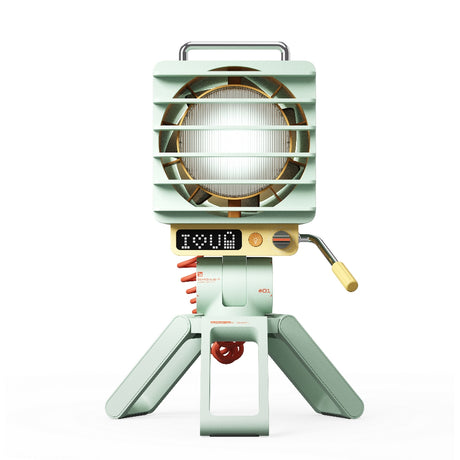Retro Spotlight Desk Fan, 100-Level Stepless Rate Control, RGB Ambient Light, LED Dot Display, 5000mAh Rechargeable Battery, Type-C Charging, Adjustable Tripod Stand and Magnetic Grill Cover - cubertime