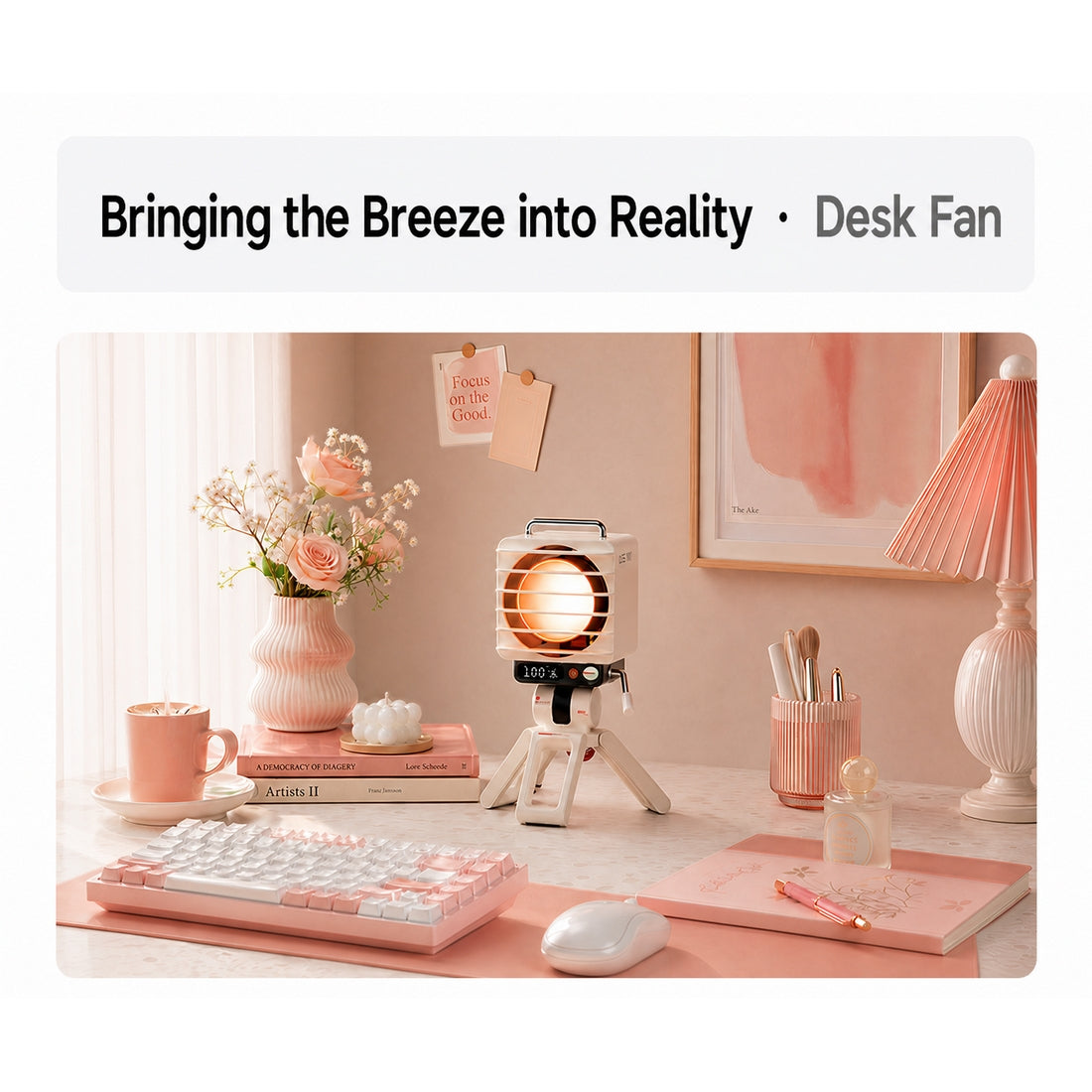 Retro Spotlight Desk Fan, 100-Level Stepless Rate Control, RGB Ambient Light, LED Dot Display, 5000mAh Rechargeable Battery, Type-C Charging, Adjustable Tripod Stand and Magnetic Grill Cover - cubertime