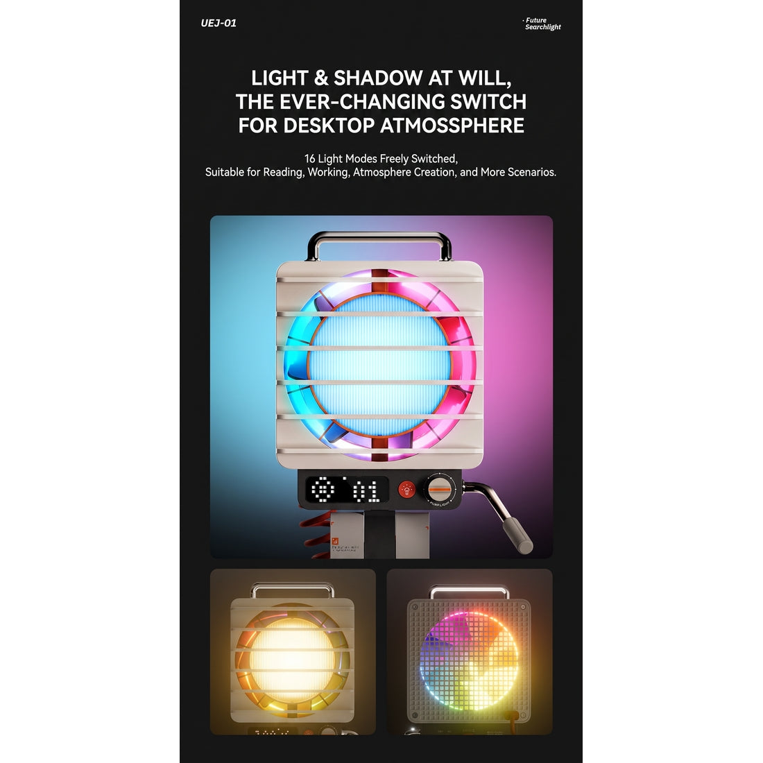 Retro Spotlight Desk Fan, 100-Level Stepless Rate Control, RGB Ambient Light, LED Dot Display, 5000mAh Rechargeable Battery, Type-C Charging, Adjustable Tripod Stand and Magnetic Grill Cover - cubertime