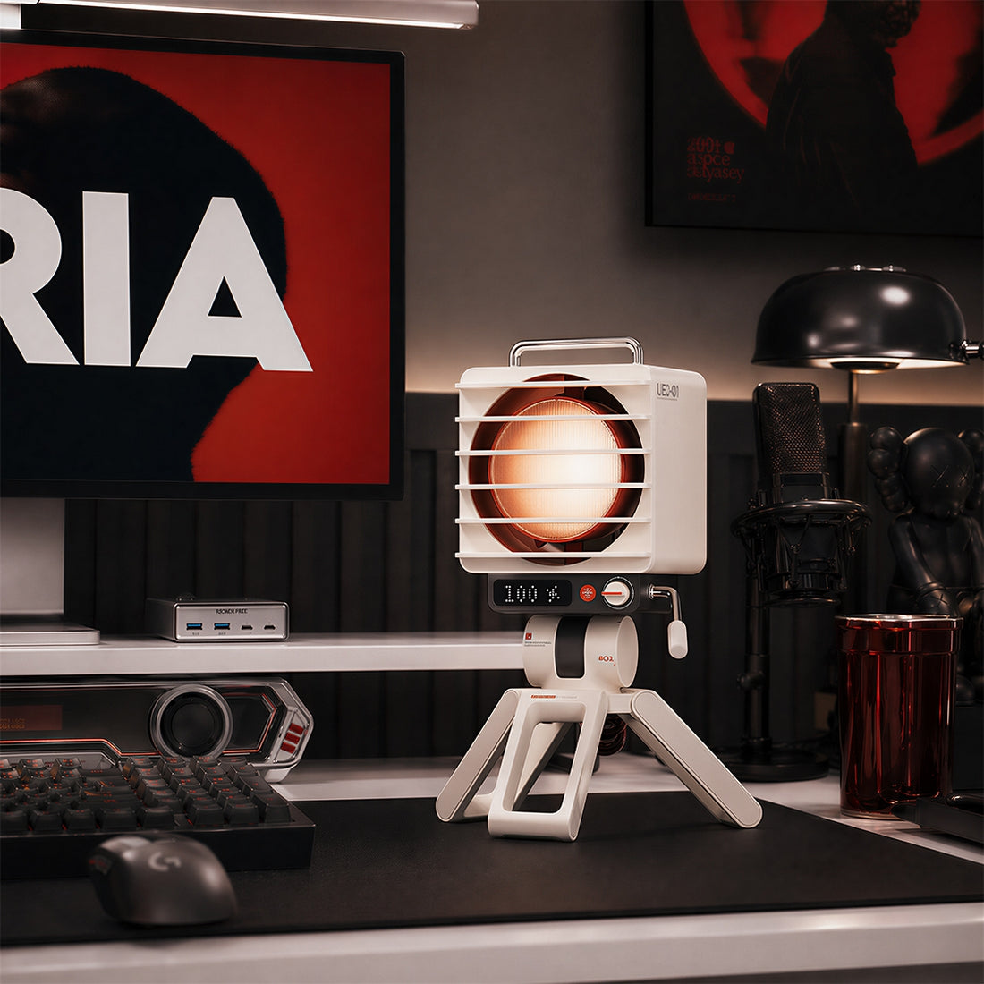 Retro Spotlight Desk Fan, 100-Level Stepless Rate Control, RGB Ambient Light, LED Dot Display, 5000mAh Rechargeable Battery, Type-C Charging, Adjustable Tripod Stand and Magnetic Grill Cover - cubertime
