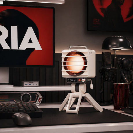 Retro Spotlight Desk Fan, 100-Level Stepless Rate Control, RGB Ambient Light, LED Dot Display, 5000mAh Rechargeable Battery, Type-C Charging, Adjustable Tripod Stand and Magnetic Grill Cover - cubertime