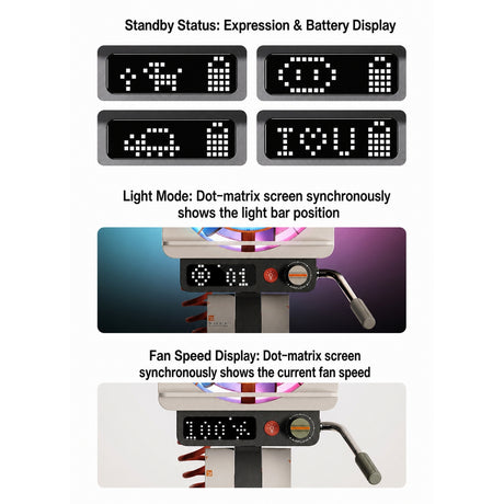 Retro Spotlight Desk Fan, 100-Level Stepless Rate Control, RGB Ambient Light, LED Dot Display, 5000mAh Rechargeable Battery, Type-C Charging, Adjustable Tripod Stand and Magnetic Grill Cover - cubertime