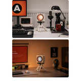 Retro Spotlight Desk Fan, 100-Level Stepless Rate Control, RGB Ambient Light, LED Dot Display, 5000mAh Rechargeable Battery, Type-C Charging, Adjustable Tripod Stand and Magnetic Grill Cover - cubertime