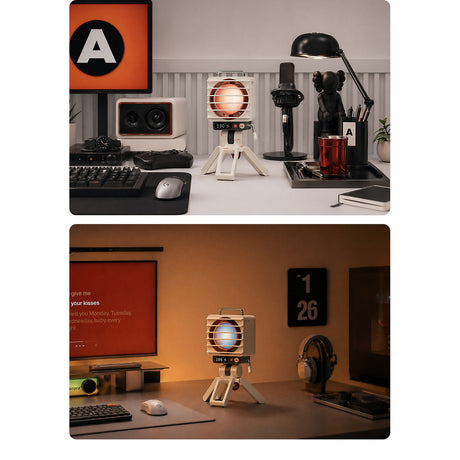 Retro Spotlight Desk Fan, 100-Level Stepless Rate Control, RGB Ambient Light, LED Dot Display, 5000mAh Rechargeable Battery, Type-C Charging, Adjustable Tripod Stand and Magnetic Grill Cover - cubertime