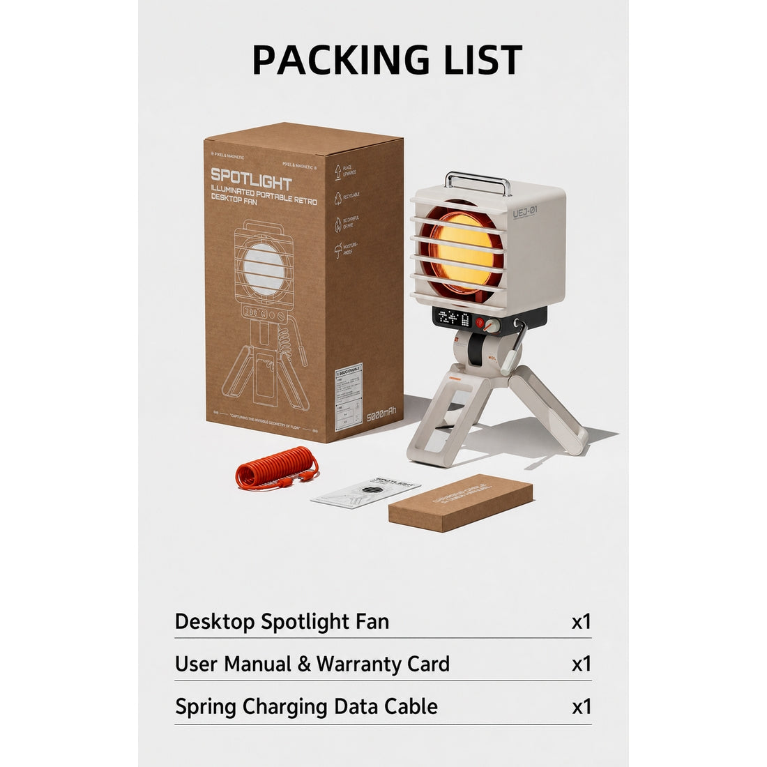 Retro Spotlight Desk Fan, 100-Level Stepless Rate Control, RGB Ambient Light, LED Dot Display, 5000mAh Rechargeable Battery, Type-C Charging, Adjustable Tripod Stand and Magnetic Grill Cover - cubertime