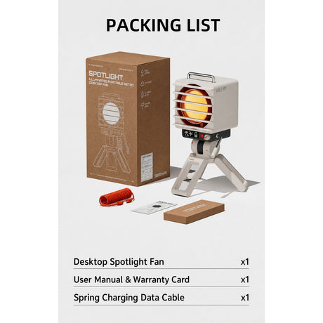 Retro Spotlight Desk Fan, 100-Level Stepless Rate Control, RGB Ambient Light, LED Dot Display, 5000mAh Rechargeable Battery, Type-C Charging, Adjustable Tripod Stand and Magnetic Grill Cover - cubertime